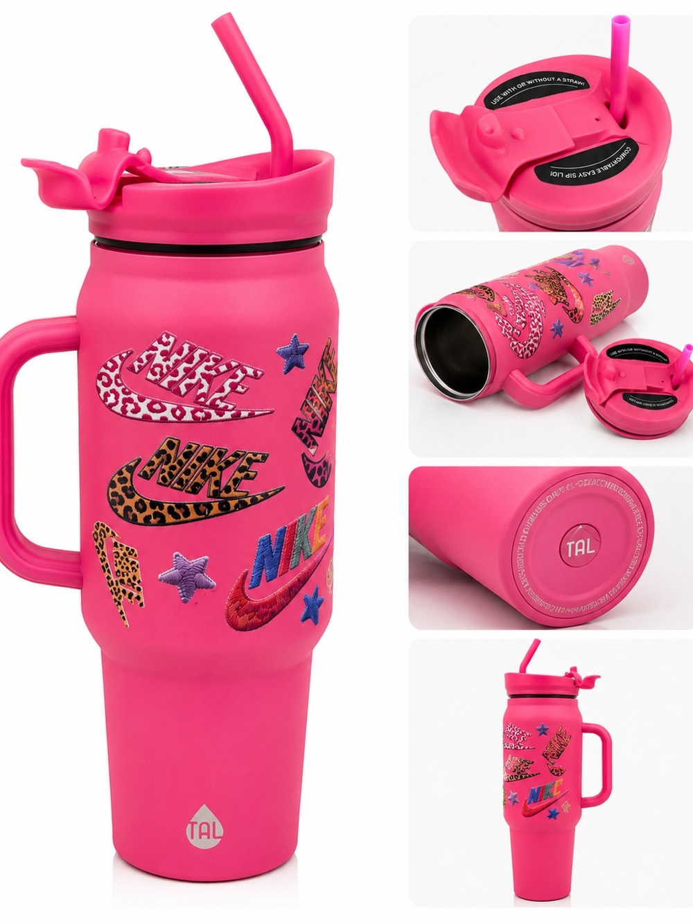 Nike Bright Pink Stickered Travel Tumbler with Straw
